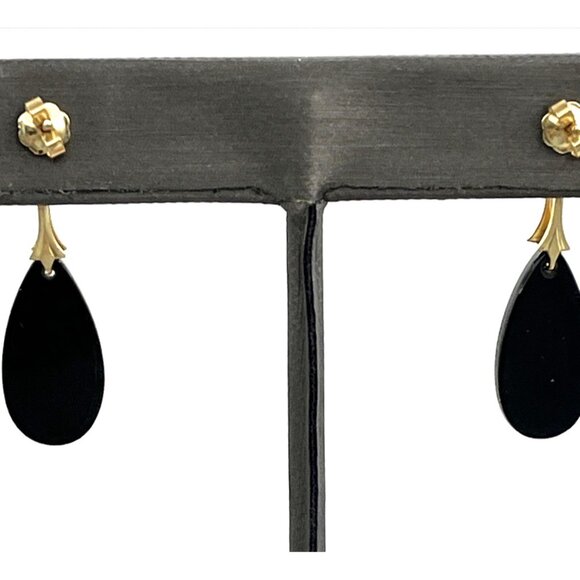 Vintage 14k Yellow Gold Pearl Onyx Dangle Pierced Earrings 1 3/8" - Picture 7 of 8